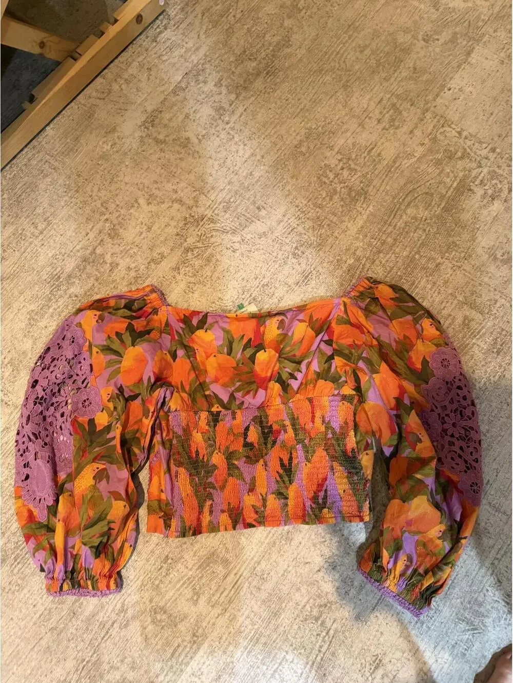 Farm Rio Mango Macaws Puff Sleeve Orange and Purple Eyelet Blouse large